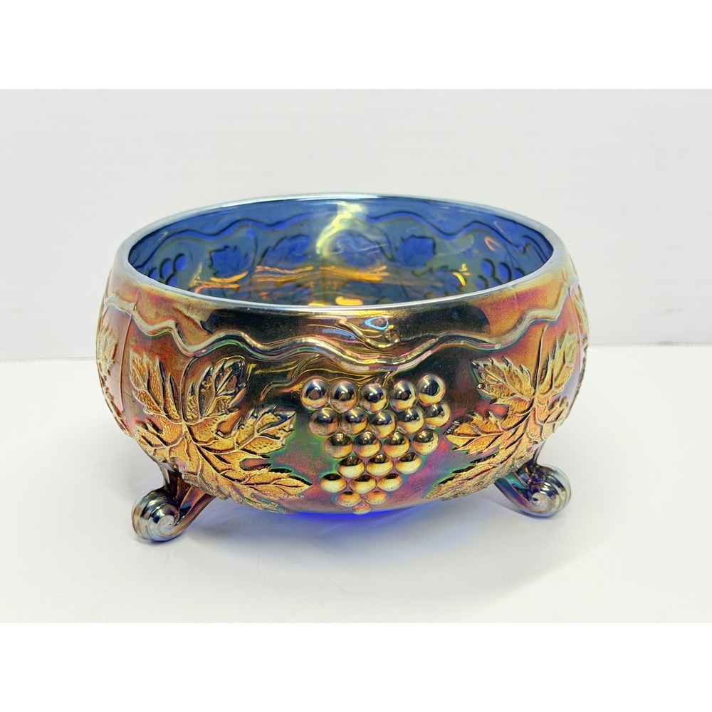 Antique Fenton Vintage Grape Cobalt Blue Carnival Glass Fernery Bowl Early 1900s